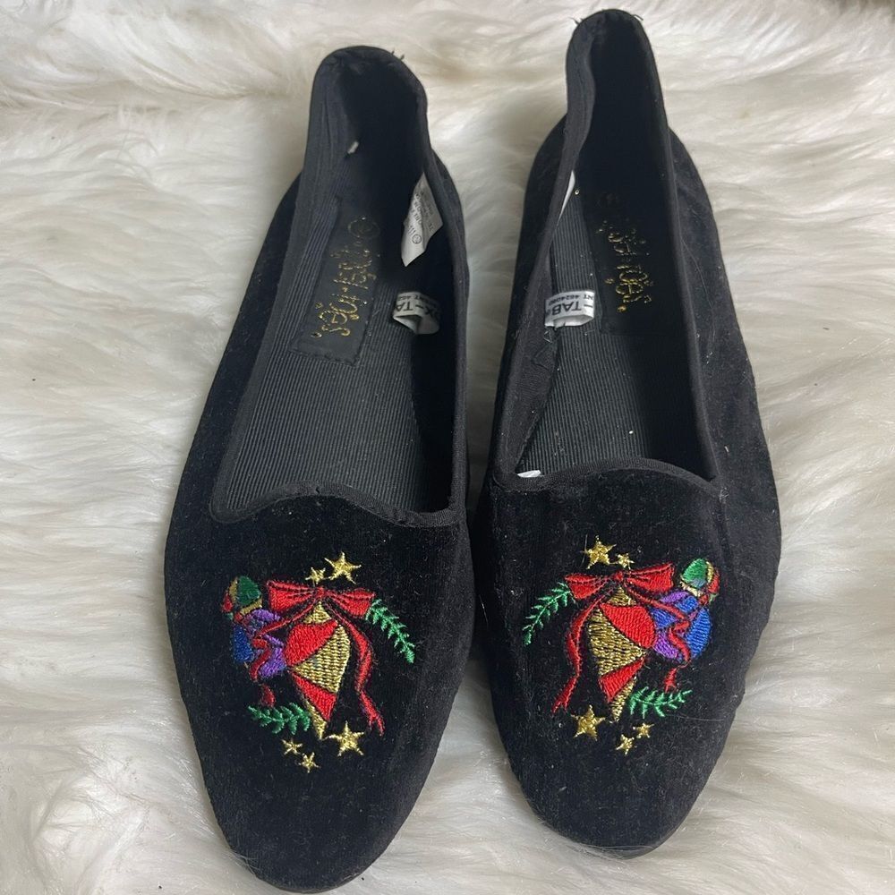 Vintage Tinsel Toe synthetic suede black slip on flats ornaments embroidery SZ8